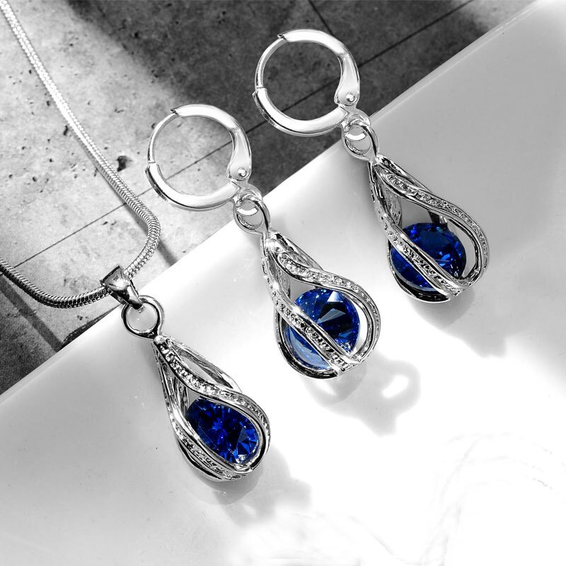 Conjunto de joyería de cristal de arcoíris para mujer, joyería delicada, colgante de Color plateado, pendientes para mujer, collar de cadena de boda geométrico de lujo: blue