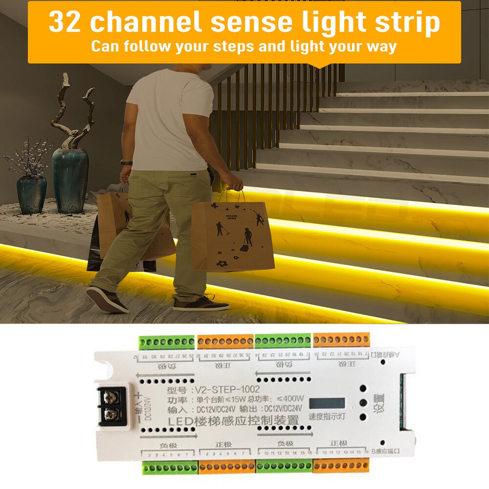 32-Channel LED Stair Lighting Control System – Motion Sensor, Adjustable Dimming, DC12V-24V, For Indoor Stairs, Hallways, And Walkways