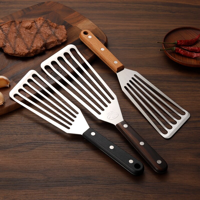 Spatule à Steak avec manche en bois et plastique, en acier inoxydable, petit et grand format, 1/2 pièces