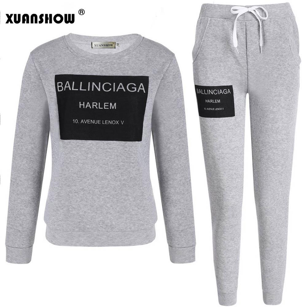 XUANSHOW Women Outfit Sportswear Spring Autumn Winter Printed Letters Ladies Fleece Tracksuits Long-sleeve Casual 2 Piece Set: Gray / XL