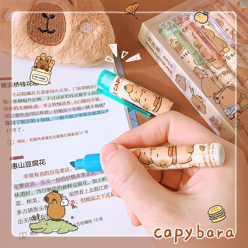 Suministros de papelería kawaii, accesorios escolares, bolígrafos bonitos para dibujar, marcadores de colores, rotuladores resaltadores de capibara, papelería estética