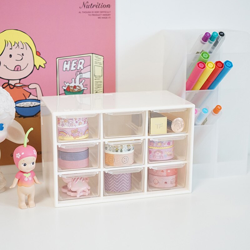 3 Color Durable Cartoon 9 Grids Drawer Jewelry Eraser Tape Lipstick Stationery Storage Box Office Desk School Household H6399