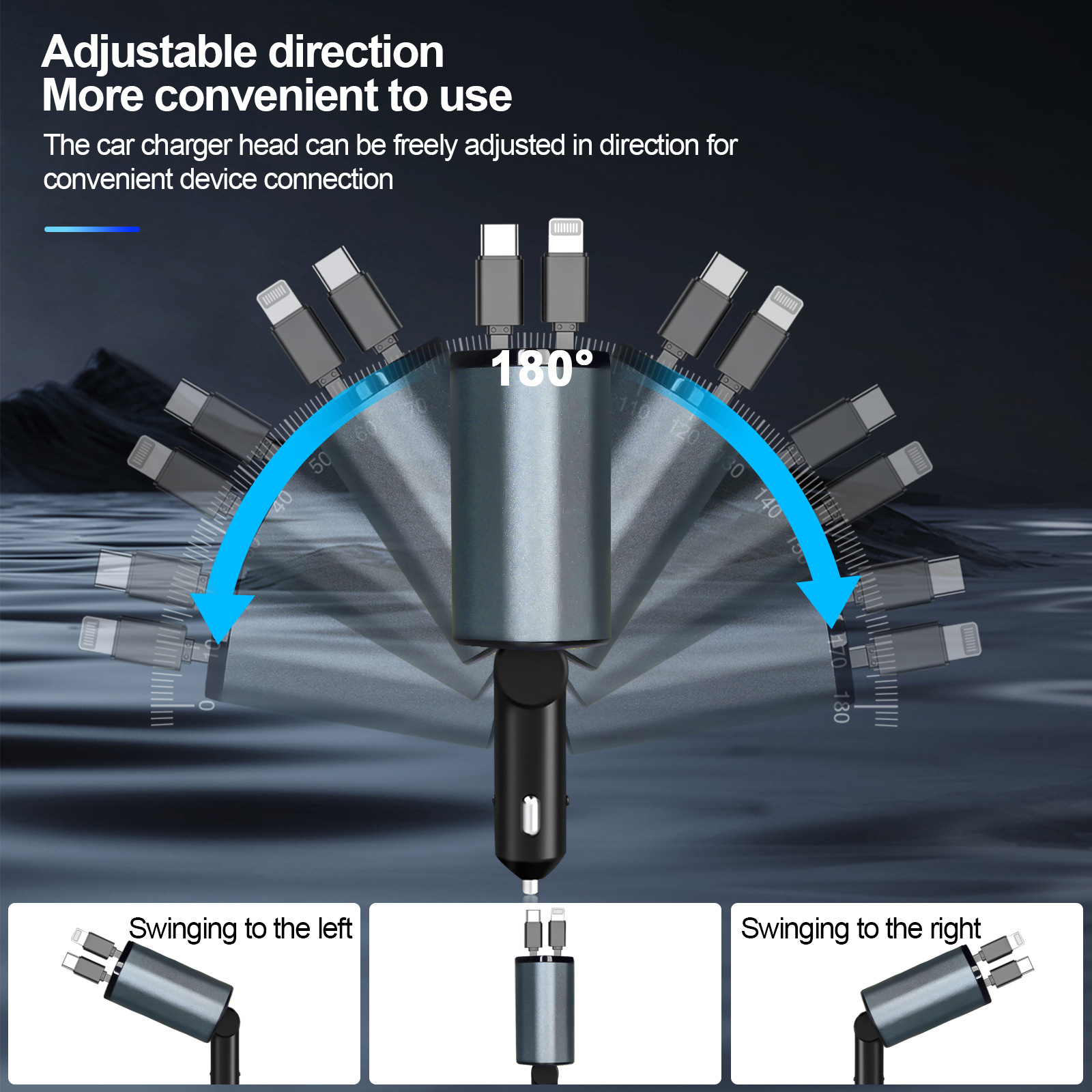 70 W snelle autolader, 4-in-1 intrekbare autotelefoonopladeradapter, intrekbare kabels USB-C en 2 USB-poorten autolader