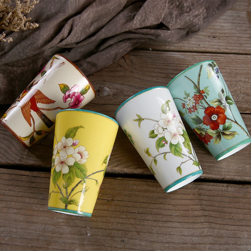 Ceramics Bathroom Set Liquid Soap Dish Toothbrush Holder/Rack Lover Gargle Cup Dental Jar Flowers &amp; Bird Pastoral Style