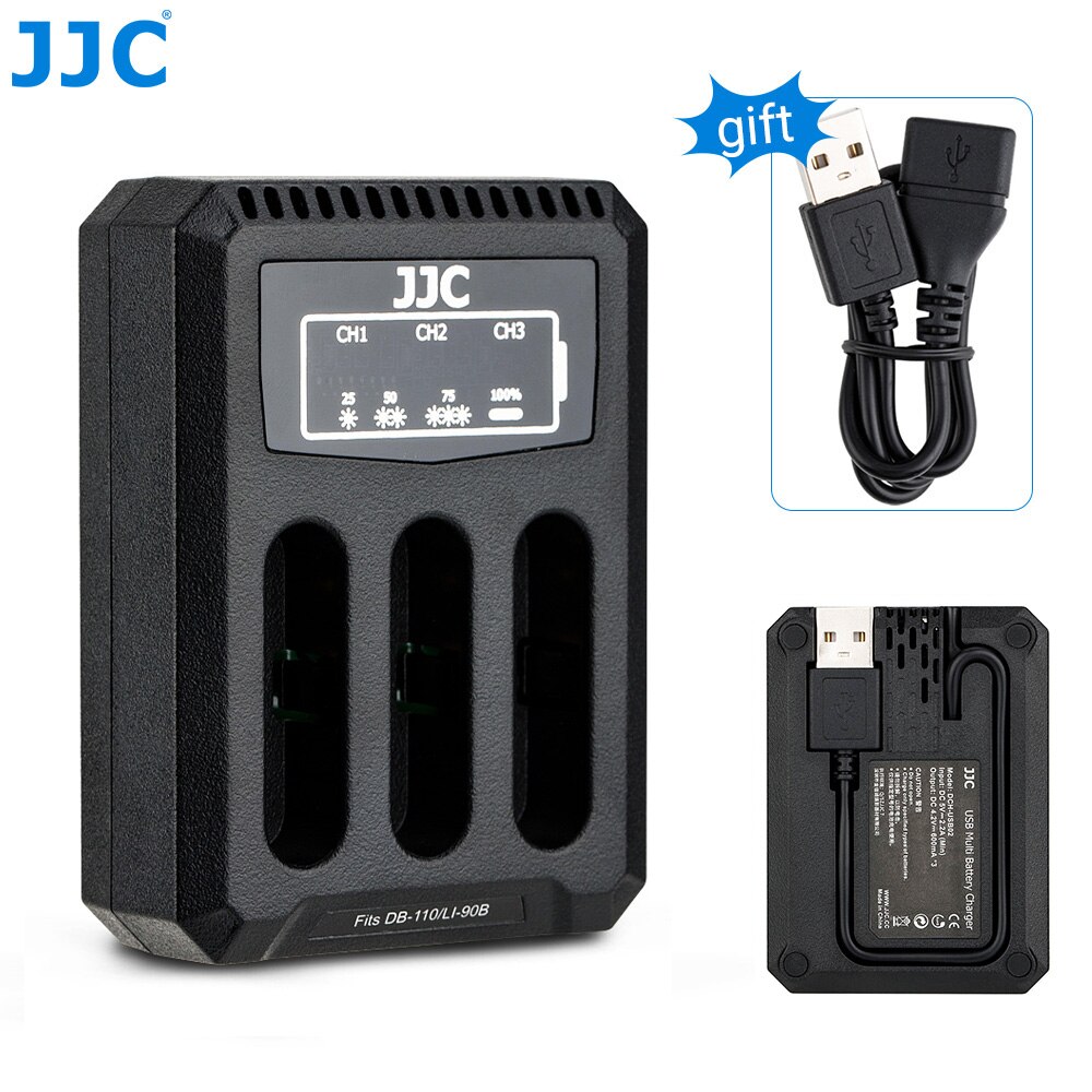 Jjc usb multi batteriladdare för ricoh db -110/ olympus li -90b/ jjc b -db110 ladda 3 batterier med led indikatorer förlängningskabel