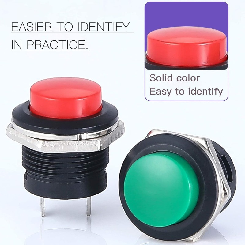 24Pcs16MM Momentary Push Button on Off Switch Red Green Yellow Blue White Black 3A 250V AC 2Pin Self-Resetting Mini Round Switch