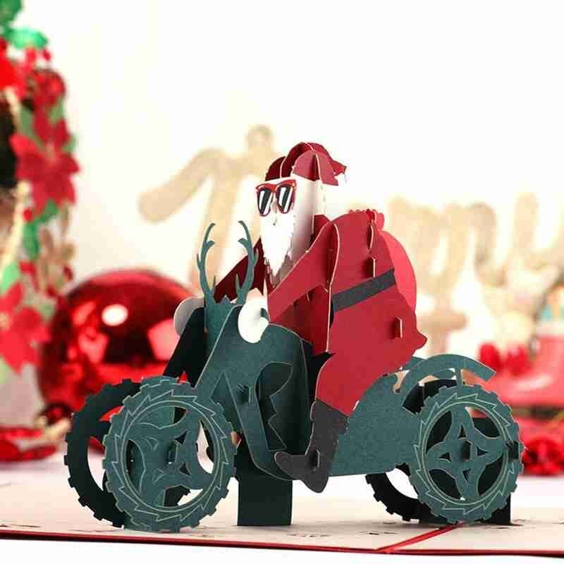 3D Wenskaart Christmas Santa Op Motorfiets Party Kaarten Met Envelop Jaar Wenskaart Uitnodiging Postcard
