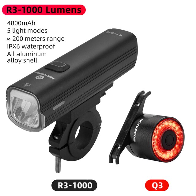 ROCKBROS-Luz LED delantera y trasera para bicicleta, faro trasero para ciclismo de montaña, con USB, 400/800/1000LM: R3-1000 Q3