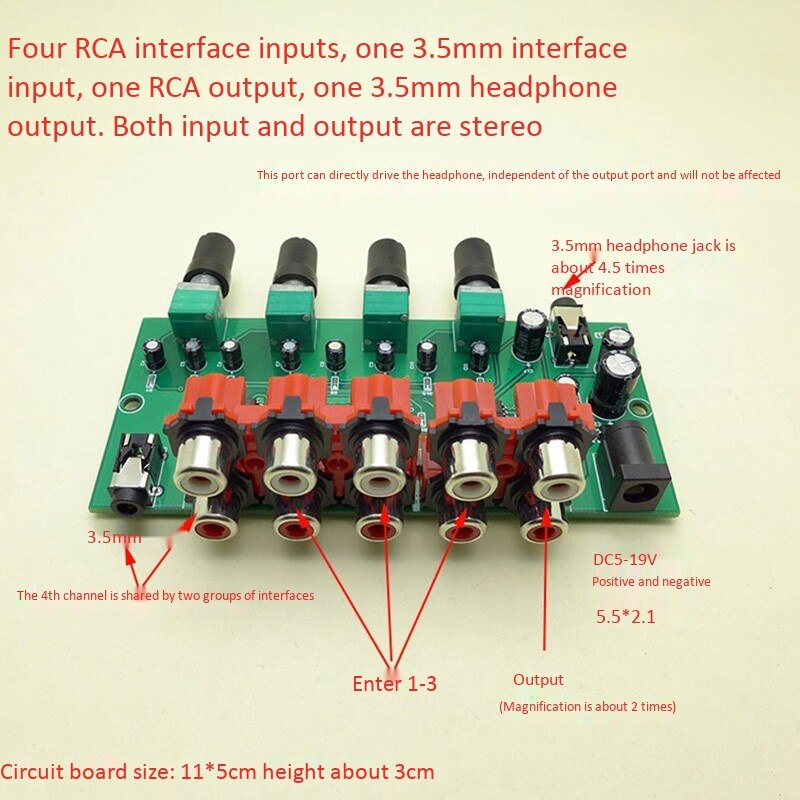 Multi-Source RCA Mixer Stereo o Reverberator o Switch Switcher 4 Input 2 Output Driver Headphone Volume Control