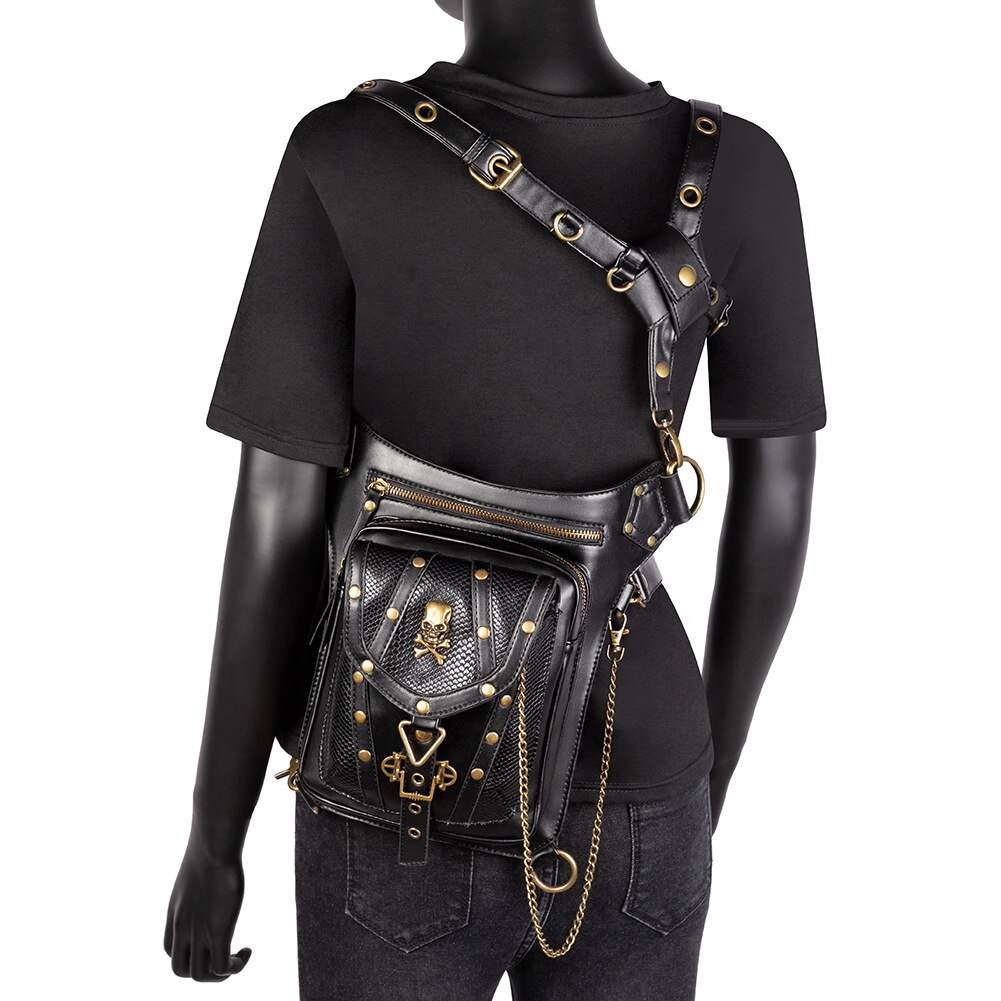 punk głaz kobiety talia torba Steampunk nity czaszka portmonetka Crossbody ramię motocykl upuszczać noga pasek torba biodro chmiel ulica sakiewka Pakiet