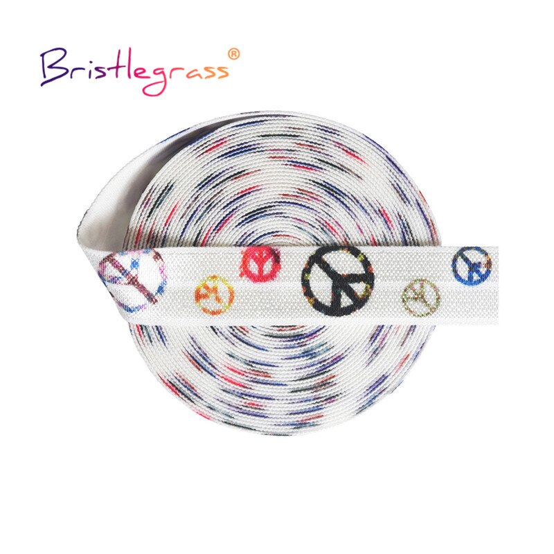 BRISTLEGRASS 2 5 10 Yard 5/8" 15mm Peace Sign Print Fold Over Elastic FOE Spandex Satin Band Tape Hair Tie Dress DIY Sewing Trim
