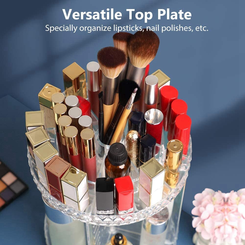 Makeup organizer 360 roterande, gör-det-själv justerbar badrumssminkkarusell spinnhållare, förvaringslåda med stor kapacitet