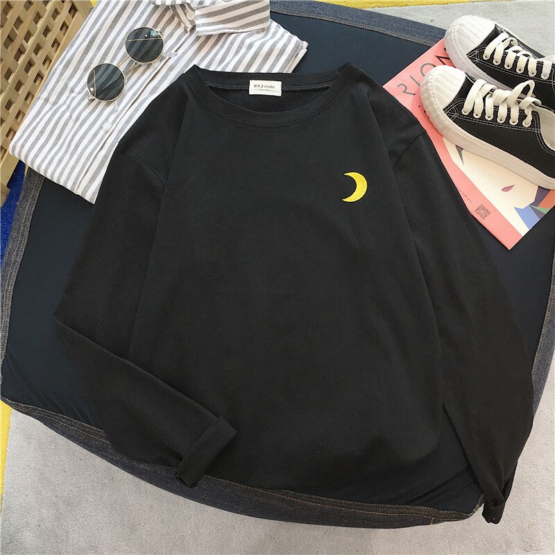 Kvinder tegneserie broderi t-shirts harajuku enkel t-shirt efterår lange ærmer afslappet løs t-shirt studerende sjove t-shirt toppe: Sort / Xxl