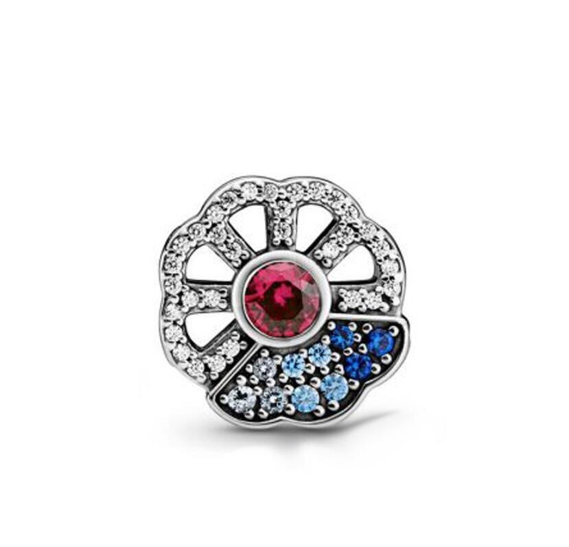 925 Sterling Silver Beads Flower Butterfly Pink Blue CZ Charm Fit Pan Bangle Bracelet DIY Women Jewelry: 487