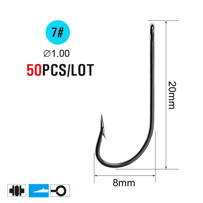 ICERIO 50PCS High Carbon Steel Barbed O'Shaughnessy Jig Hooks Saltwater Fishing Ringed Hooks Accessories Tackle: 50pcs Size 7