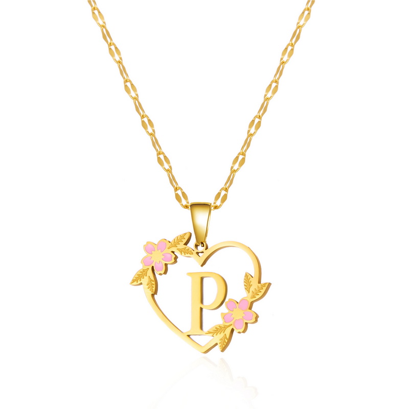 Collar con colgante de nombre y letra inicial de acero inoxidable con flor coreana para mujeres y hombres, gargantilla de amistad con letras de A-Z, de joyería: Pistola negra plateada