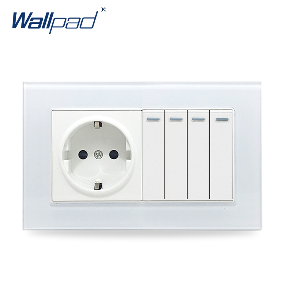 4 Gang Switch and EU Socket Wallpad Glass Panel 110V-250V 146*86mm Wall Socket with 4 Gangs 2 Way Push Button Rocker Wall Switch