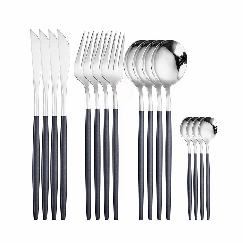Stainless Steel Tableware Rose Gold Cutlery Set Fork Spoon Knife Set Stainless Steel Dinner Set of Spoons and Forks Eco Friendly: black silver 4sets