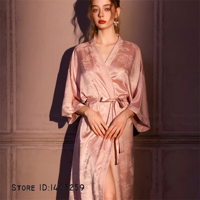 Chinese Style Jacquard Long Robe Nightgown Silk Satin Kimono Bathrobe Gown Spring Summer Sleepwear Home Dress Pajama
