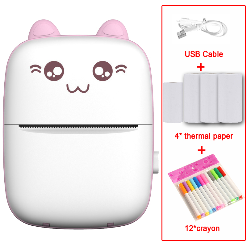 Portable MINI CAT Printer Thermal Print Photo Pocket Thermal Label Printer 58mm Printing Wireless Bluetooth Android IOS Printers: Pinkadd3white12pen