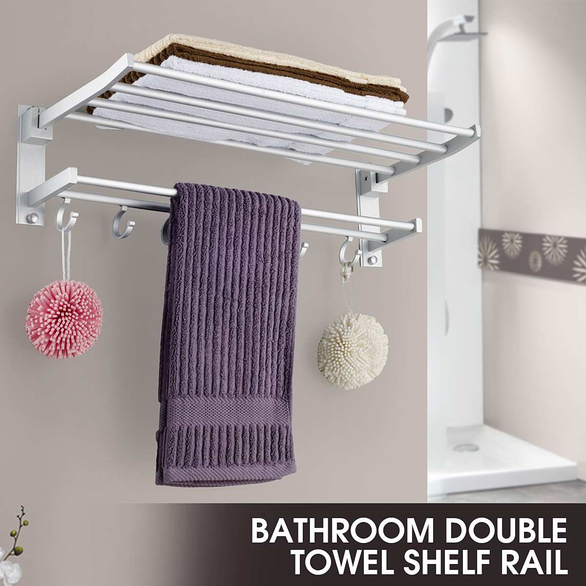 2 Layer Alumimum Foldable Bathroom Towel Rack Holder Wall Mounted Storage Hanger Kitchen Hotel Towel Clothes Shelf With 5 Hooks