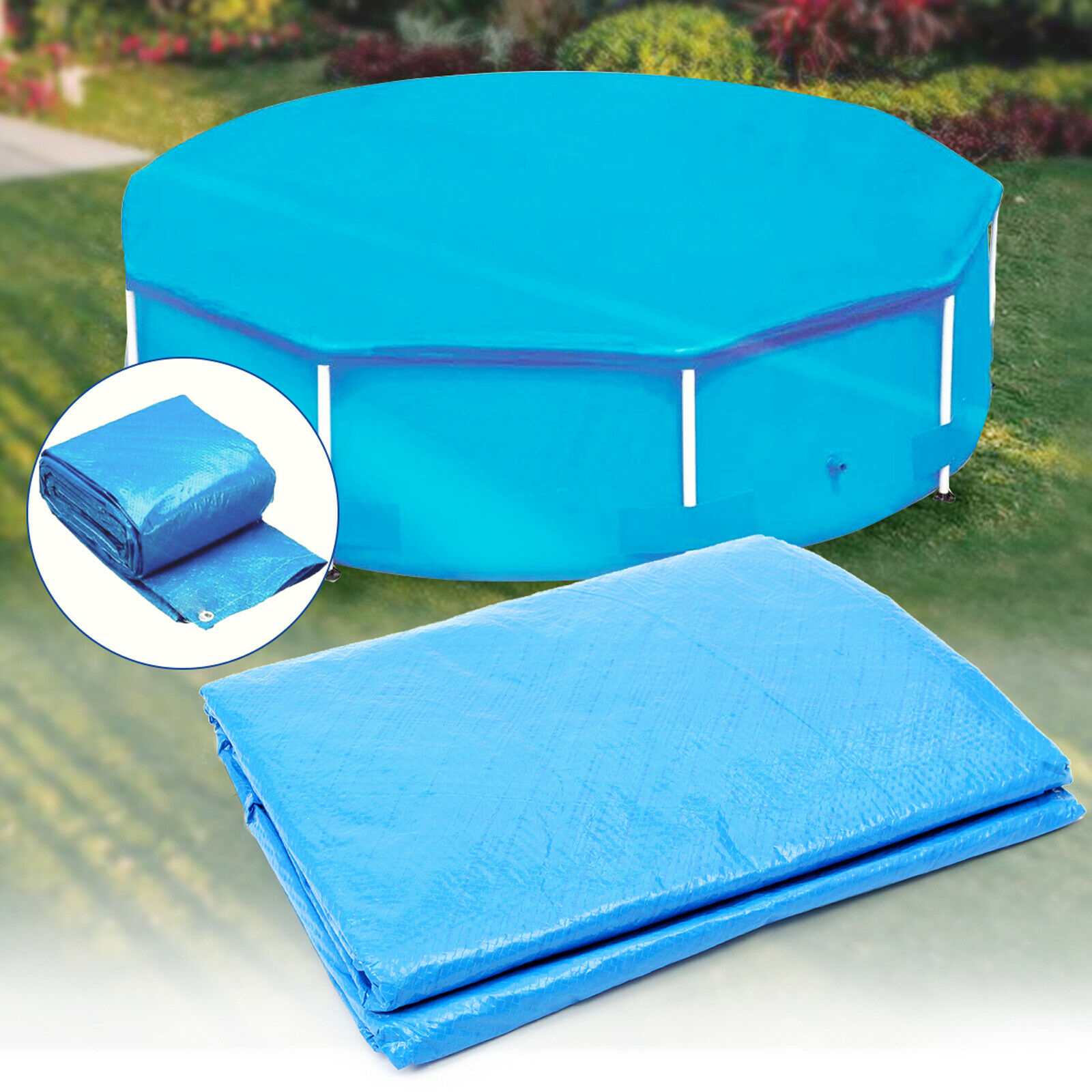 10/12/15 ft Round Swimming Paddling Pool Cover Waterproof Dustproof Outdoor Garden Swim Pool UV-resistant Cover with Rope