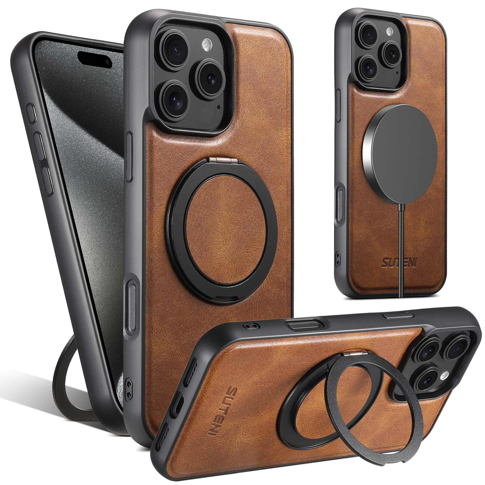 SUTENI-Coque de téléphone en cuir PU avec support rotatif à 360 °, avertisseur d'huile, chargement sans fil, compatible avec iPhone 16 Pro Max, 15 Plus, 14 Pro, 13, 12