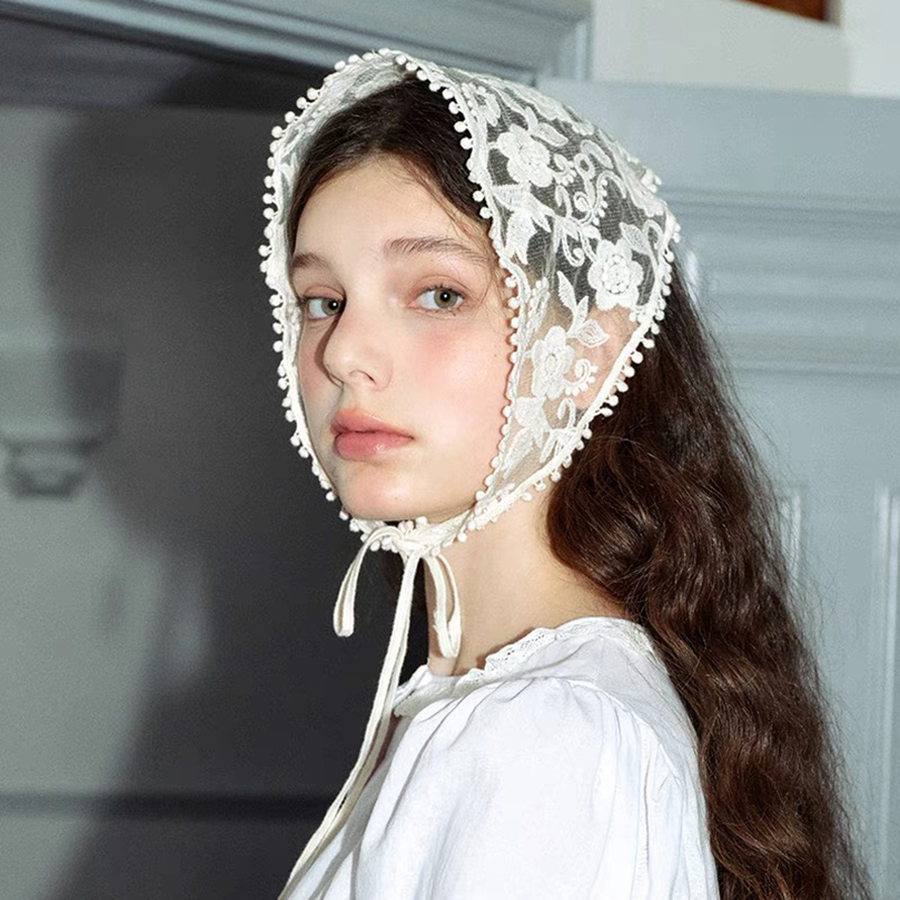 Lenço de cabelo de renda floral tecido branco envolve feminino retro triângulo lenço chapéu viagem foto bandana acessórios para o cabelo