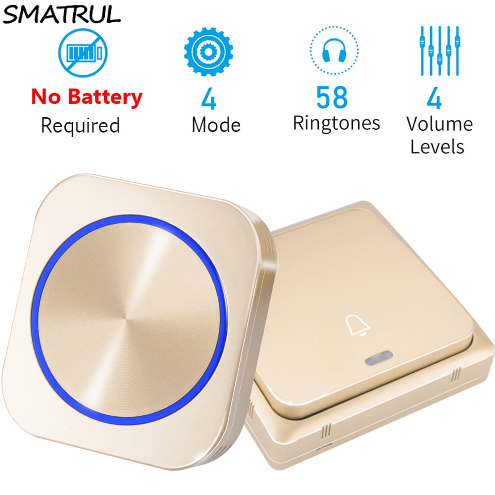 SMATRUL US Plug Self-Powered Wireless Doorbell Door Bell Chime Ring Call No battery 4 Model Waterproof 150M 58 Music 110V-220V