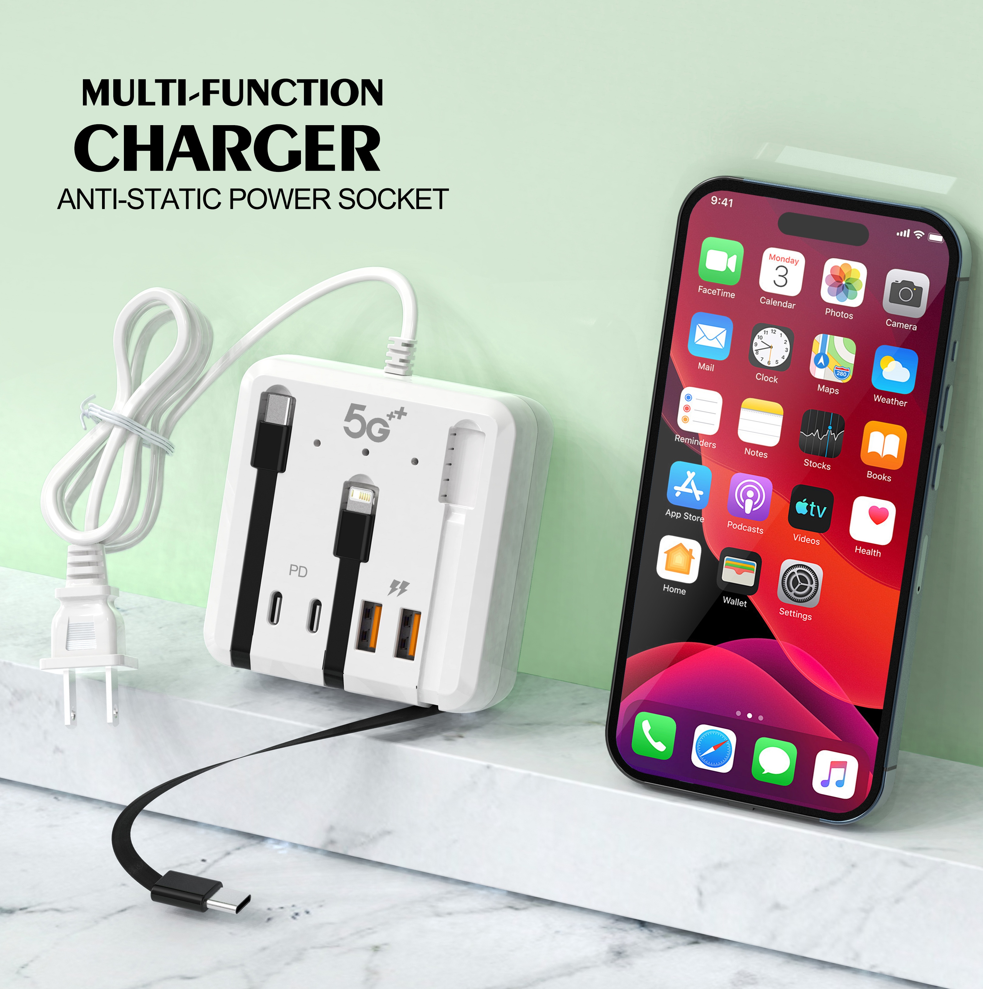 Cargador USB C PD de 4 puertos, estación de carga rápida, tira de alimentación divisora con Cables de carga, adaptador de concentrador USB tipo C, cargadores rápidos