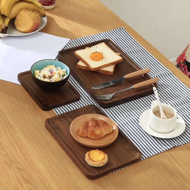 Rectangle Japanese Black Walnut Wooden Bread Fruit Dishes Saucer Tea Dessert Dinner Tray Pan Plates