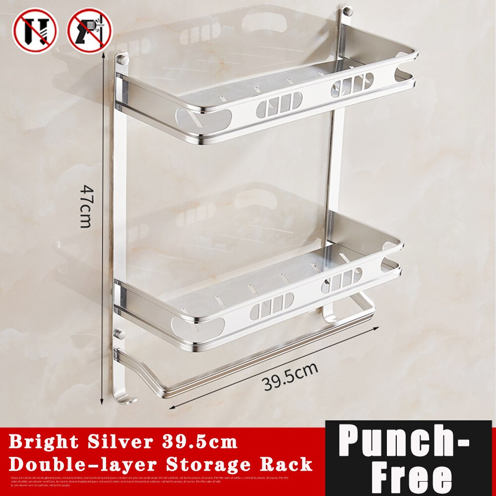 Punch-Free For Bathroom Accessories Space Aluminum Black Multifunctional Single And Double Layer Storage Rack Shower Shelves: Silver 2 Floor 40cm