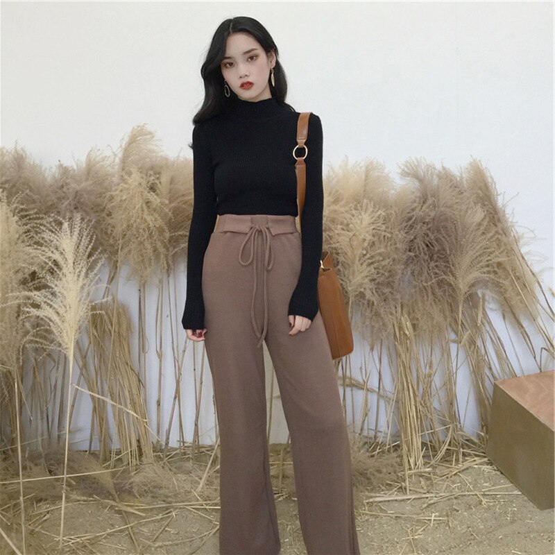 Women Sets Winter Turtleneck Elastic Solid All-match Korean Style Clothes Loose Drawstring Trousers Womens Two Piece Set: black / M