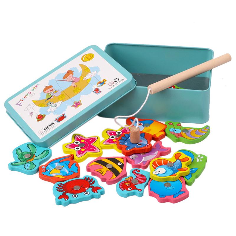 Baby Educational Toys 15Pcs Fish Wooden Magnetic Fishing Toy Set Fish Game Educational Fishing Toy: Blue Color