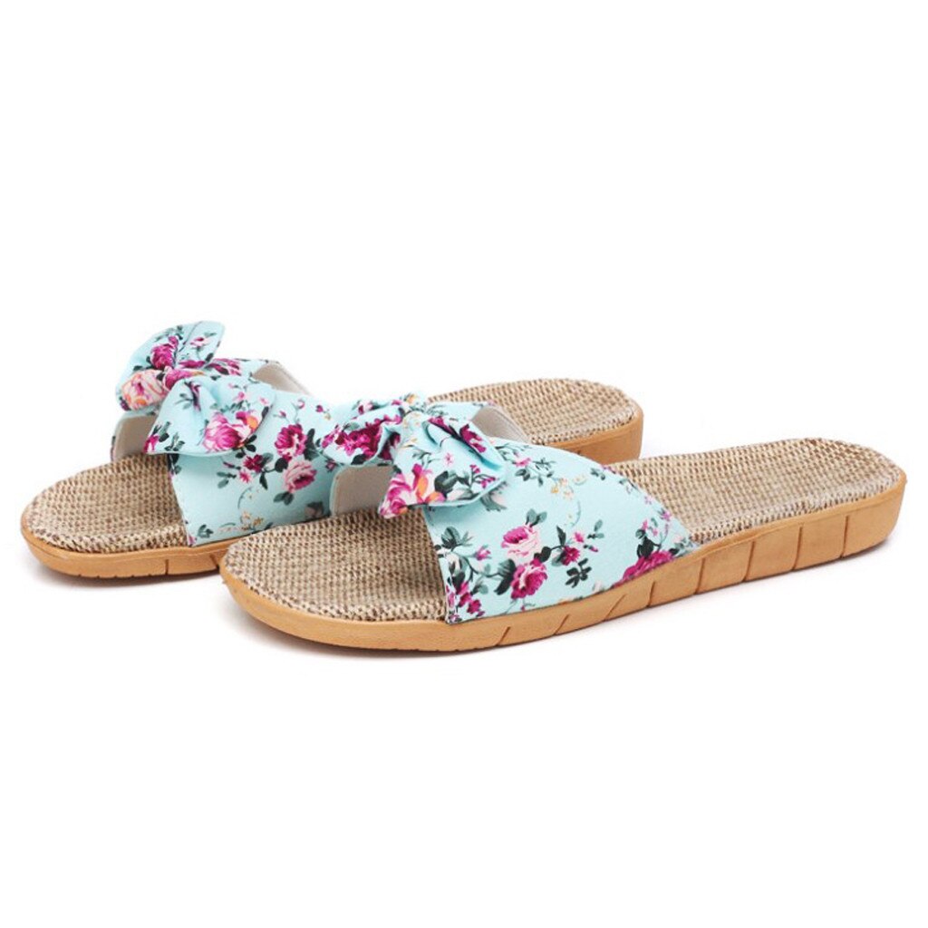 38 # Vrouwen Vlas Slippers Zomer Casual Slides Strand Schoenen Dames Indoor Linnen Slippers Bohemen Bloemen Boog Slippers Sandalen