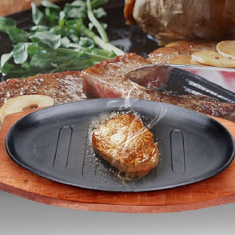 Støpejern stekepanne non stick stekt emalje stekt gryteplate stekepanne med trebunnholder hjemmekokekar 25.5*16.2