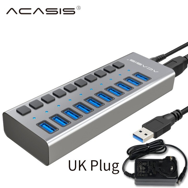 Acasis Multi USB 3.0 Hub 10 ports High Speed With ON OFF Switch Adapter Splitter USB Expander Computer Accessories: UK Aluminum Gray