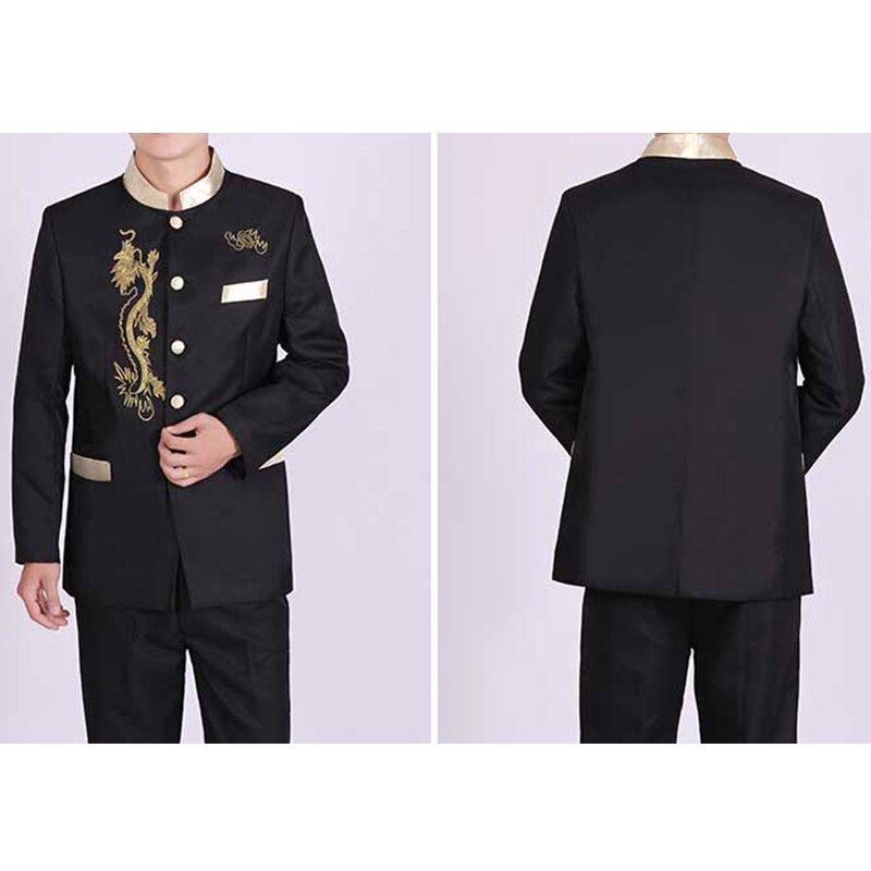 Túnica de estilo chino para hombre, chaqueta con bordado de dragón, cuello levantado dorado, traje de actuación de escenario, abrigo de un solo pecho