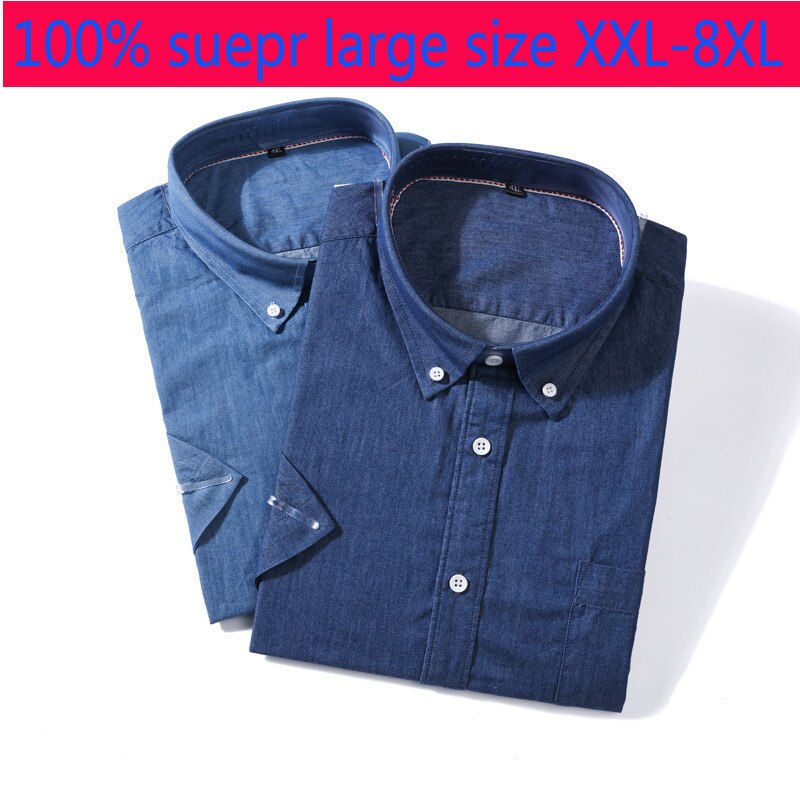 Bomull suepr stor jeansskjorta kortärmad skjorta herr sommar casual tunn enkelknäppt plus storlek 2xl-7xl 8xl