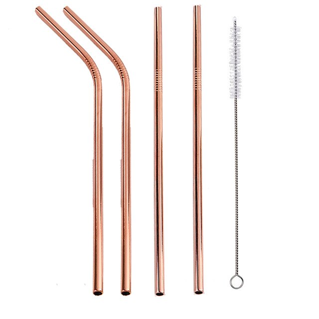 4 Pcs 6mm Straw with Cleaner Brush Short cocktail tubes Long Metal Drinking tubules Drink Straws For Smoothies Tapioca Milk Tea: Long Rose gold-4pcs