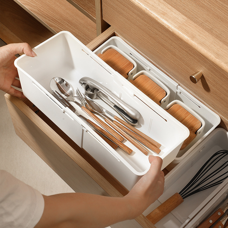 2PCS Expandable Kitchen Drawer Organizer Adjustable Utensil Storage Box Removable Dividers Flatware Tray Cosmetics Kitchen Tools