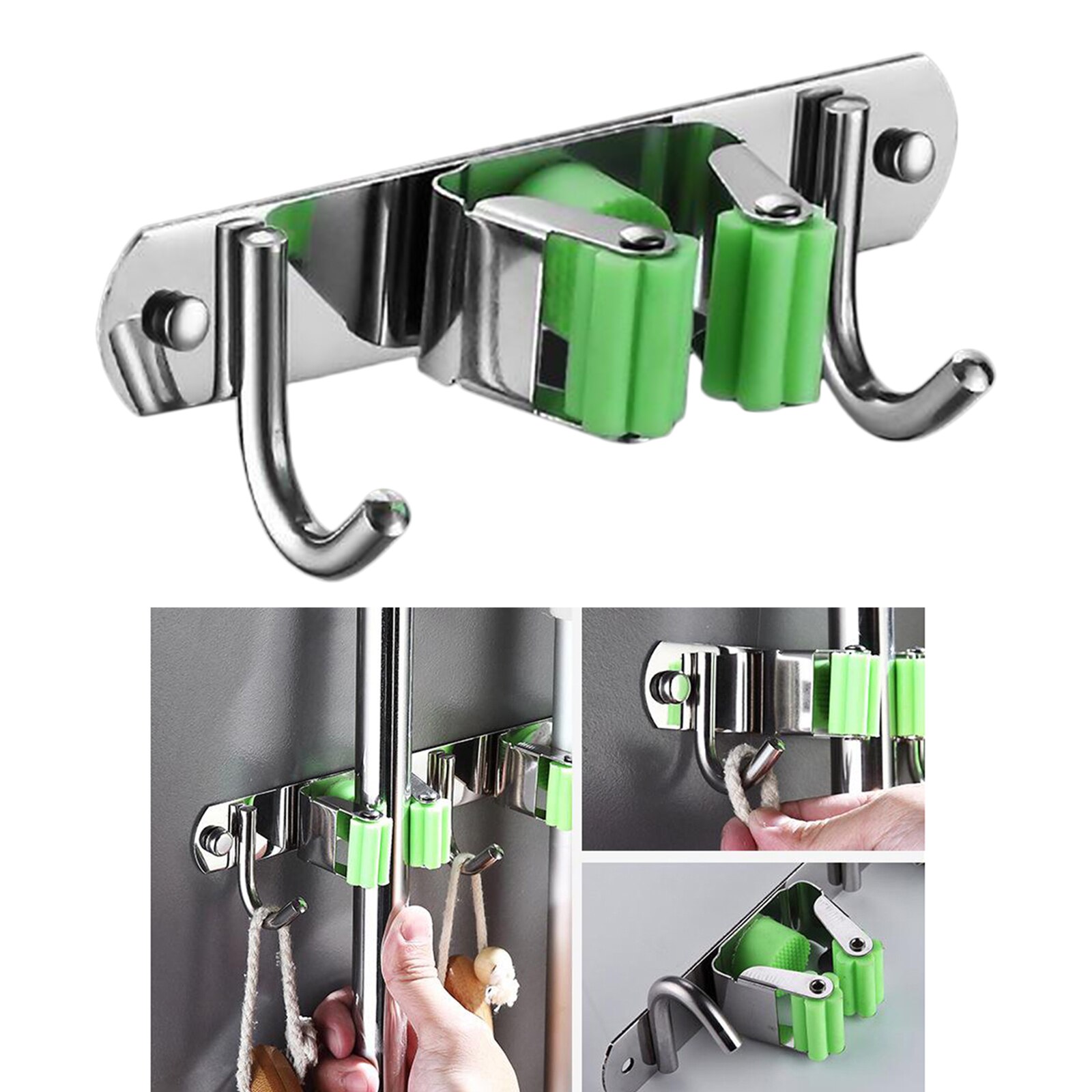 Broom Mop Holder Wall Mounted Hanger Stainless Steel Kitchen 1 Rack: 2 Racks