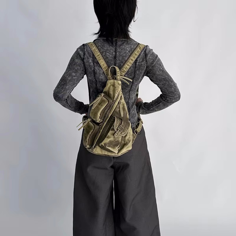 Annmouler Backpacks for Women Soft Washed Letaher Sling Chest Bag Vintage Multi-pockets Punk Style Small Bag