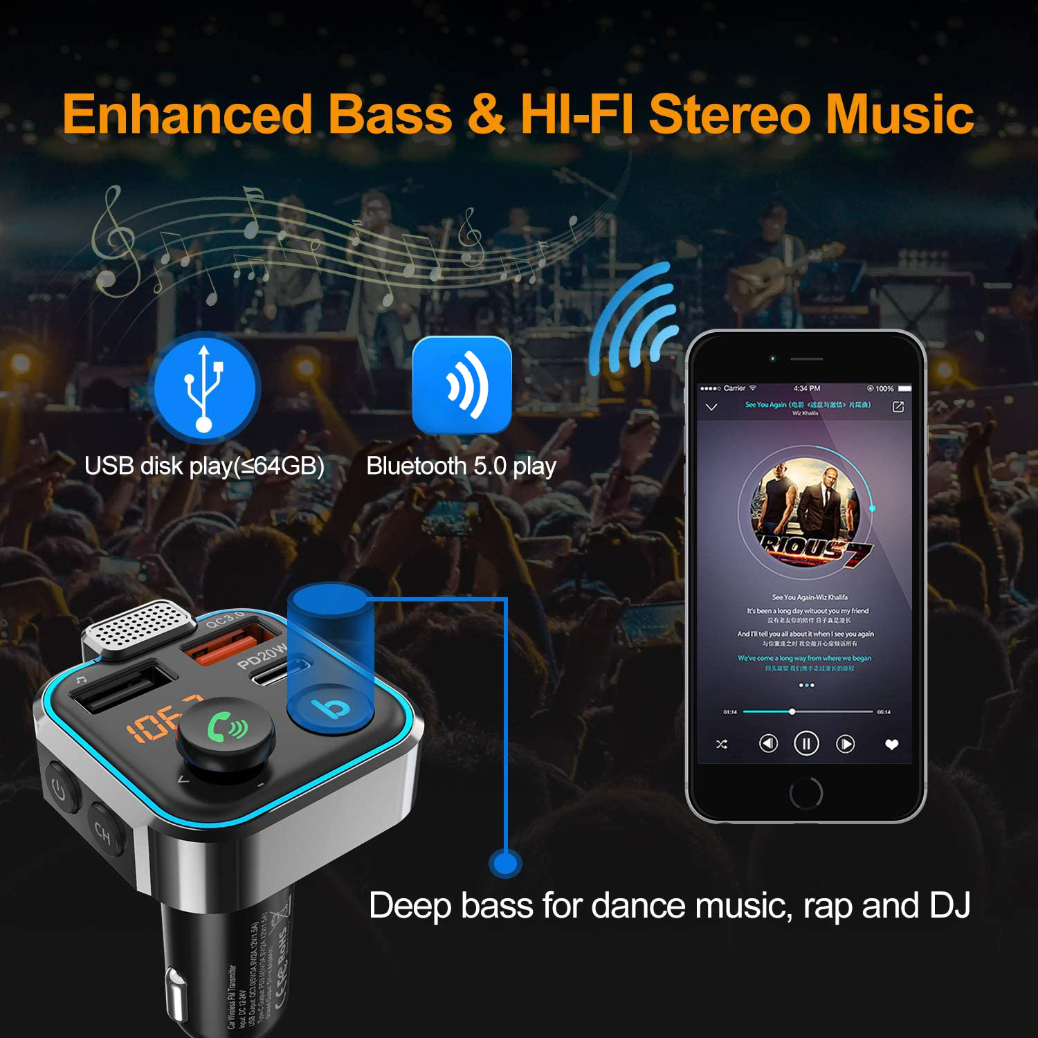 FM Transmitter Wireless Bluetooth Handsfree Car Kit with Type-C Fast Car charge Dual USB Mp3 Player Support TF Card Stereo Music