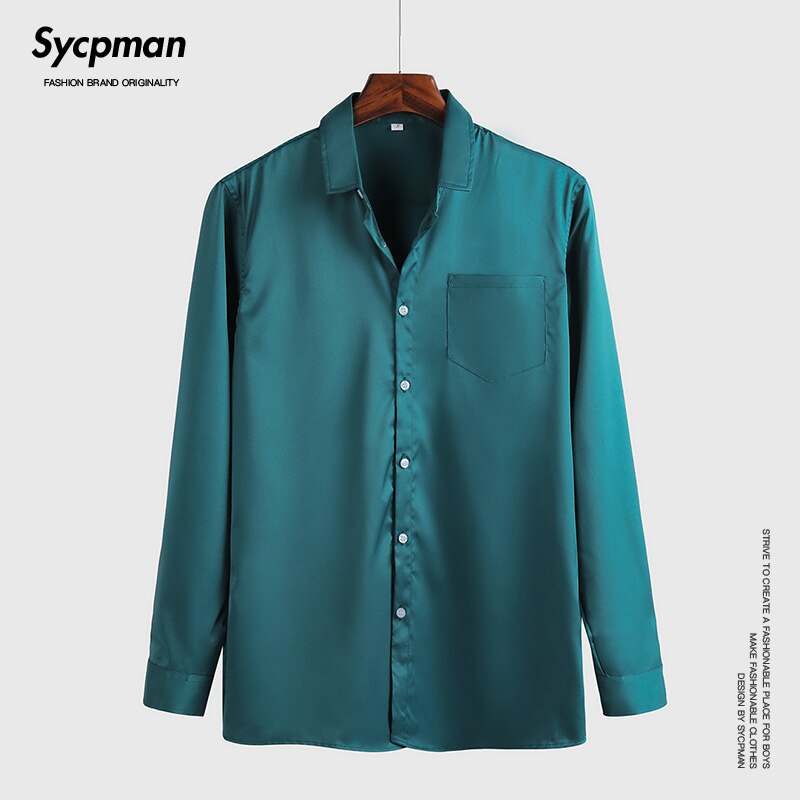 Summer dark green long sleeve men's shirt dark green charm business business trip lining men's personality Lapel stereo