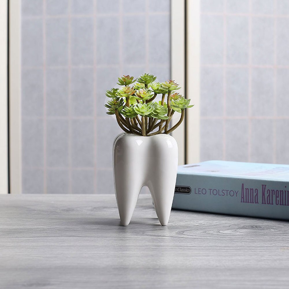 2 stuks keramische bloempotten in de vorm van een tand, vetplant in een pot van 1,2 meter, als decoratie voor op het balkon of op kantoor.