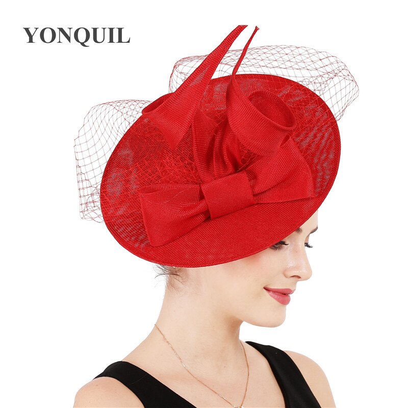 Large 30CM Round White Fascinator Base Velling Hair Accessories Women Party Wedding Hat Imitation Sinamay Birdcage Veil Headwear: Red