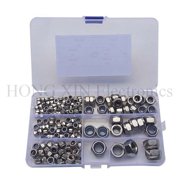 Tuerca de seguridad autoblocante de acero inoxidable, Kit surtido de tuercas hexagonales de nailon, m3 m4 m5 m6 m8 m10 m12, 164 Uds.