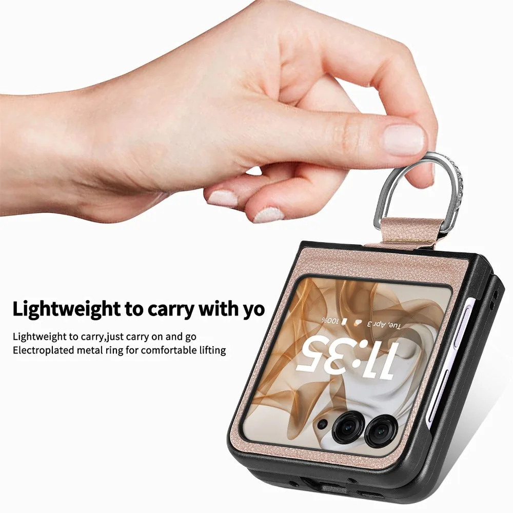 Capa de telefone luxuosa de couro pu para motorola moto razr 60 50 40 ultra com anel padrão de lichia pu tela dobrável capa protetora traseira