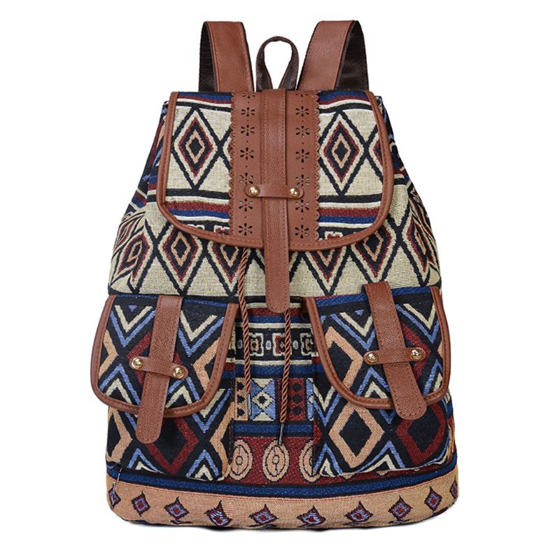 Vintage Print Canvas Ethnic Backpack for Women Girls School Drawstring Bohemia Travel Rucksack